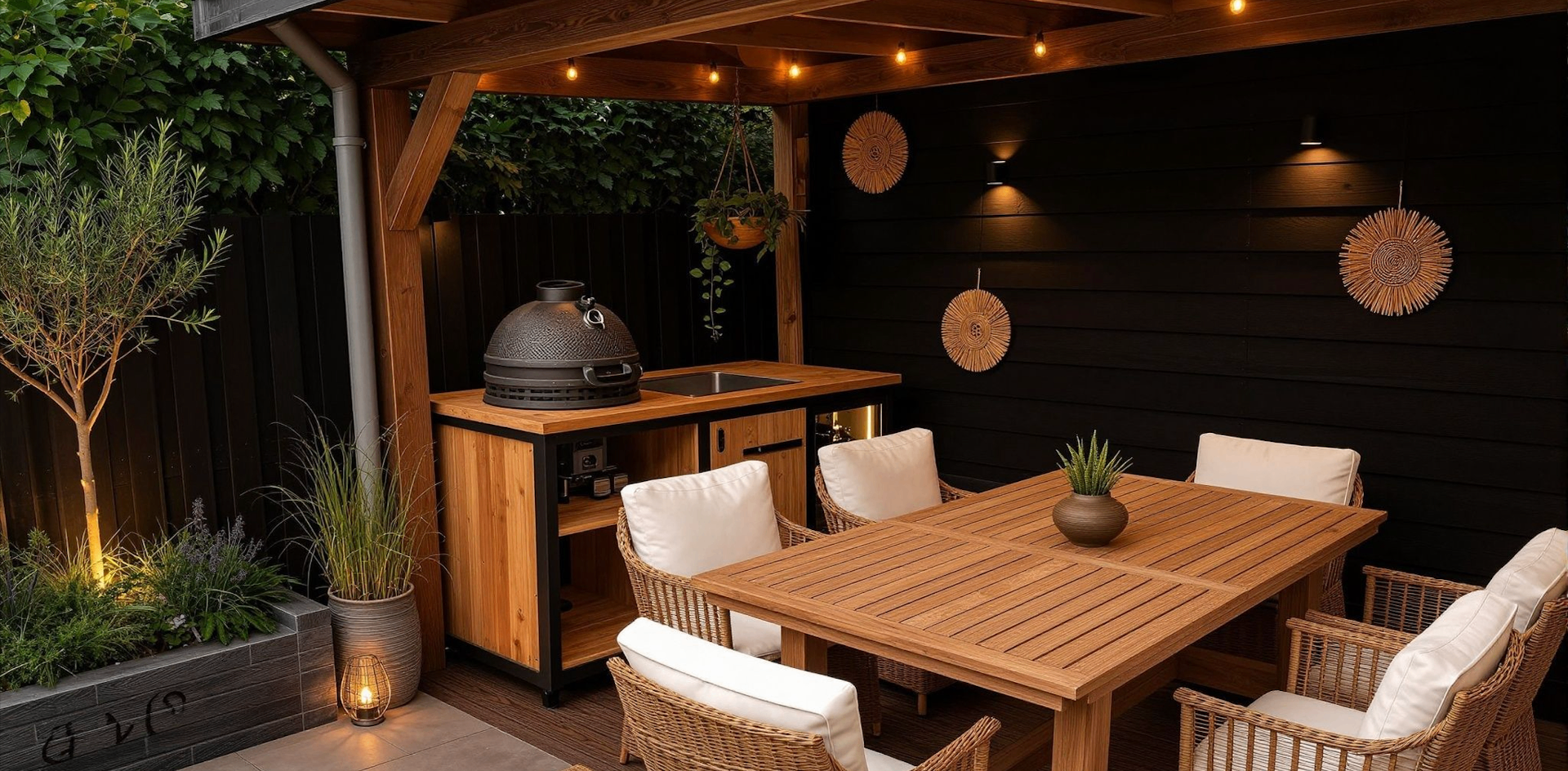Luxe douglas houten buitenkeuken met ingebouwde barbecue in een sfeervolle tuin